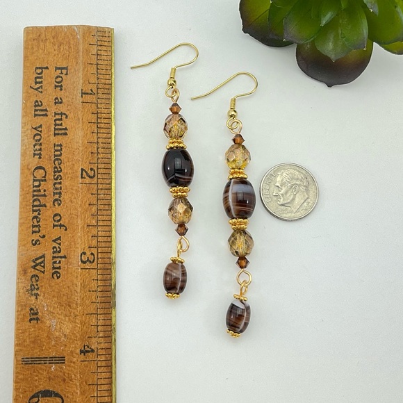 Art Glass Dangle Earrings, Handmade, Vintage Brown Swirl Beads, Crystals, BoHo - Picture 3 of 10